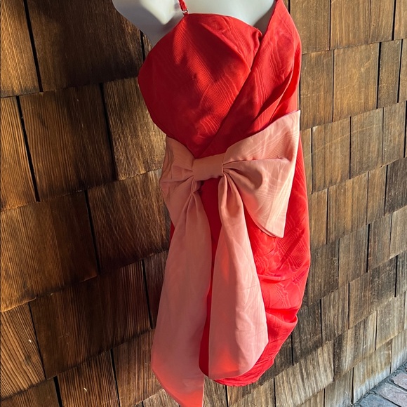 Future Collective Red Shantung  Spaghetti Strap Statement Pink Bow Mini Dress - Picture 4 of 11